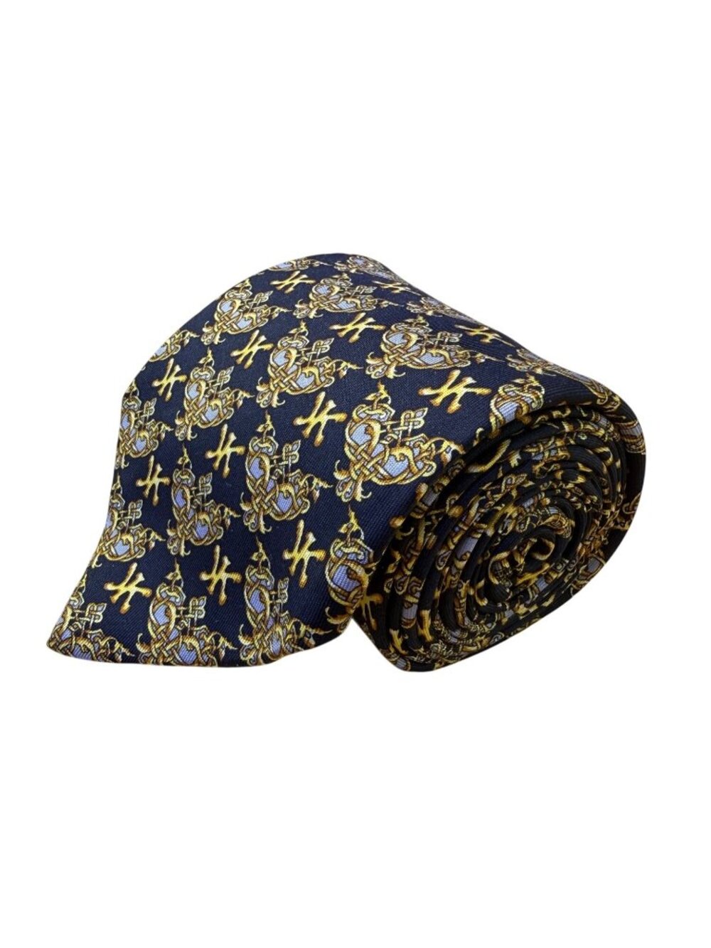 Korloff Mens Navy & Gold Silk Necktie Patterned Made In France Stylish Accessory